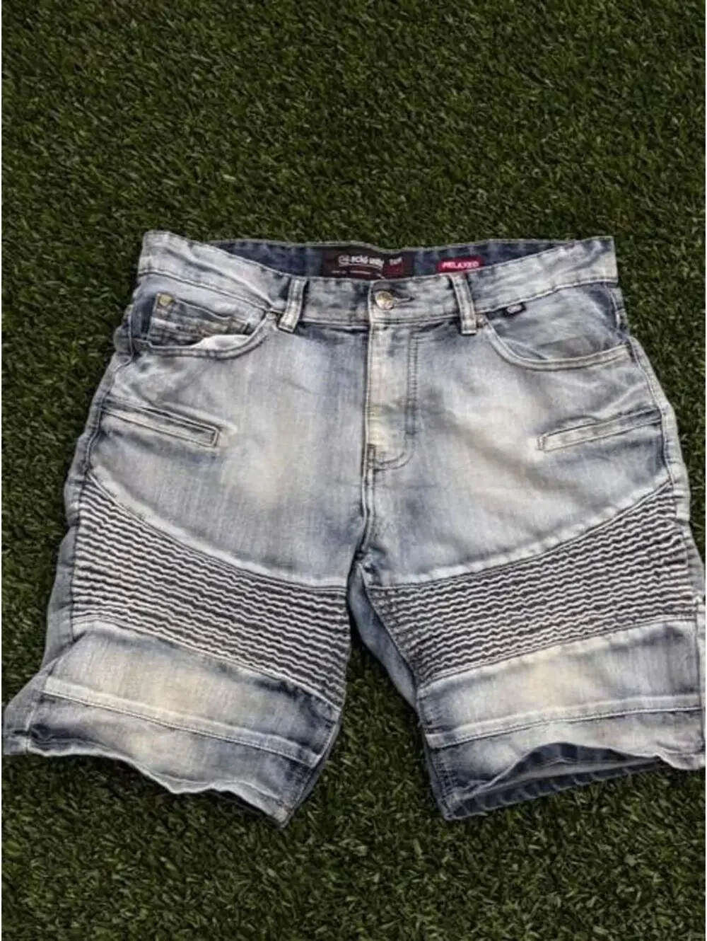 Echo Men's Blue Denim Y2K Shorts with Black Wavy Stripe Pattern Size 36